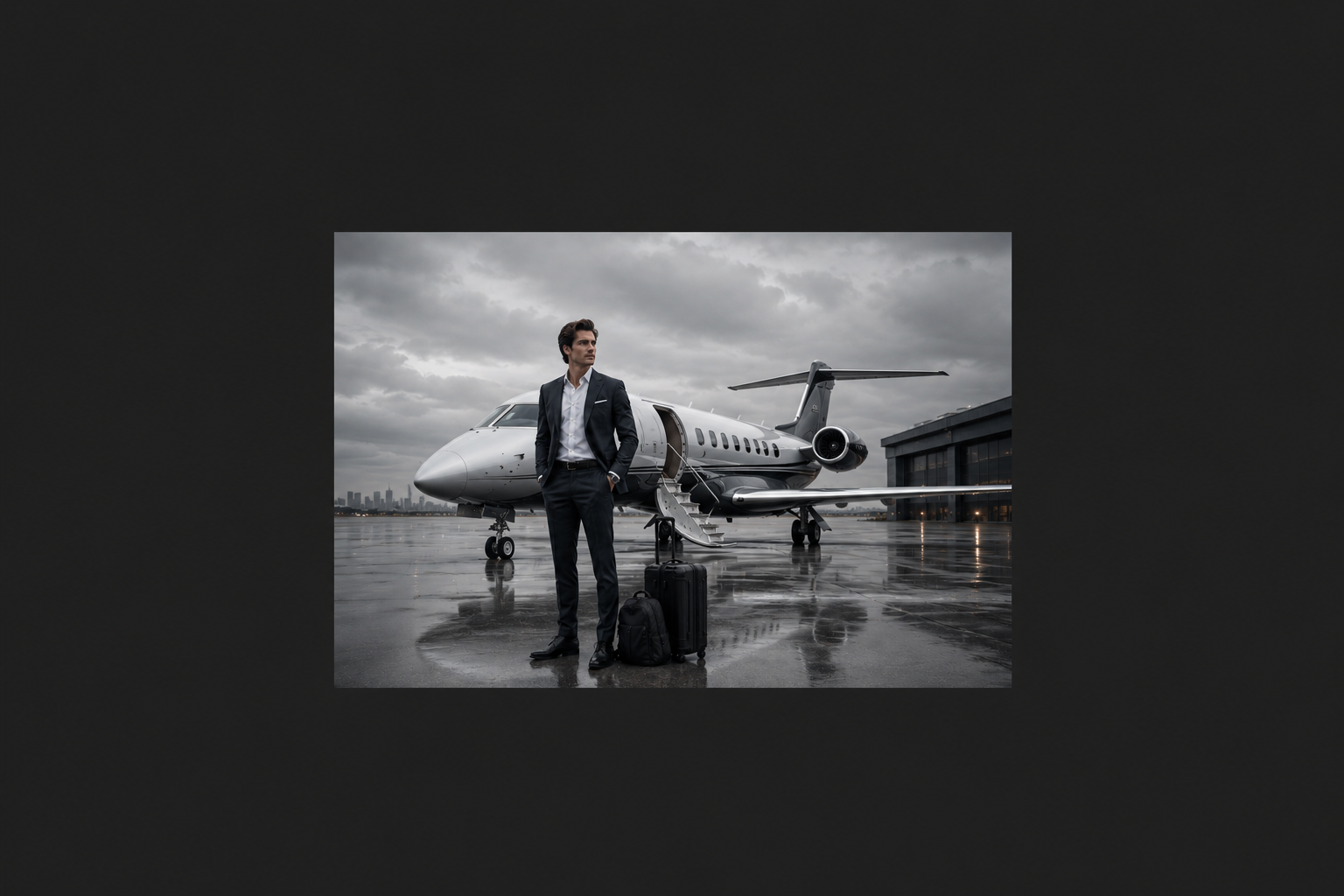 Executive beside a modern private jet