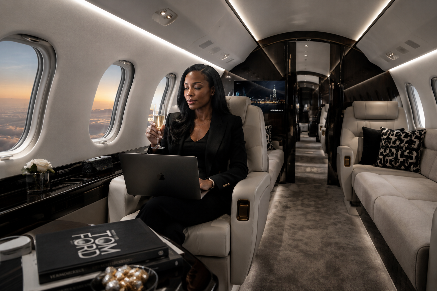 Female executive working inside luxury private jet with champagne