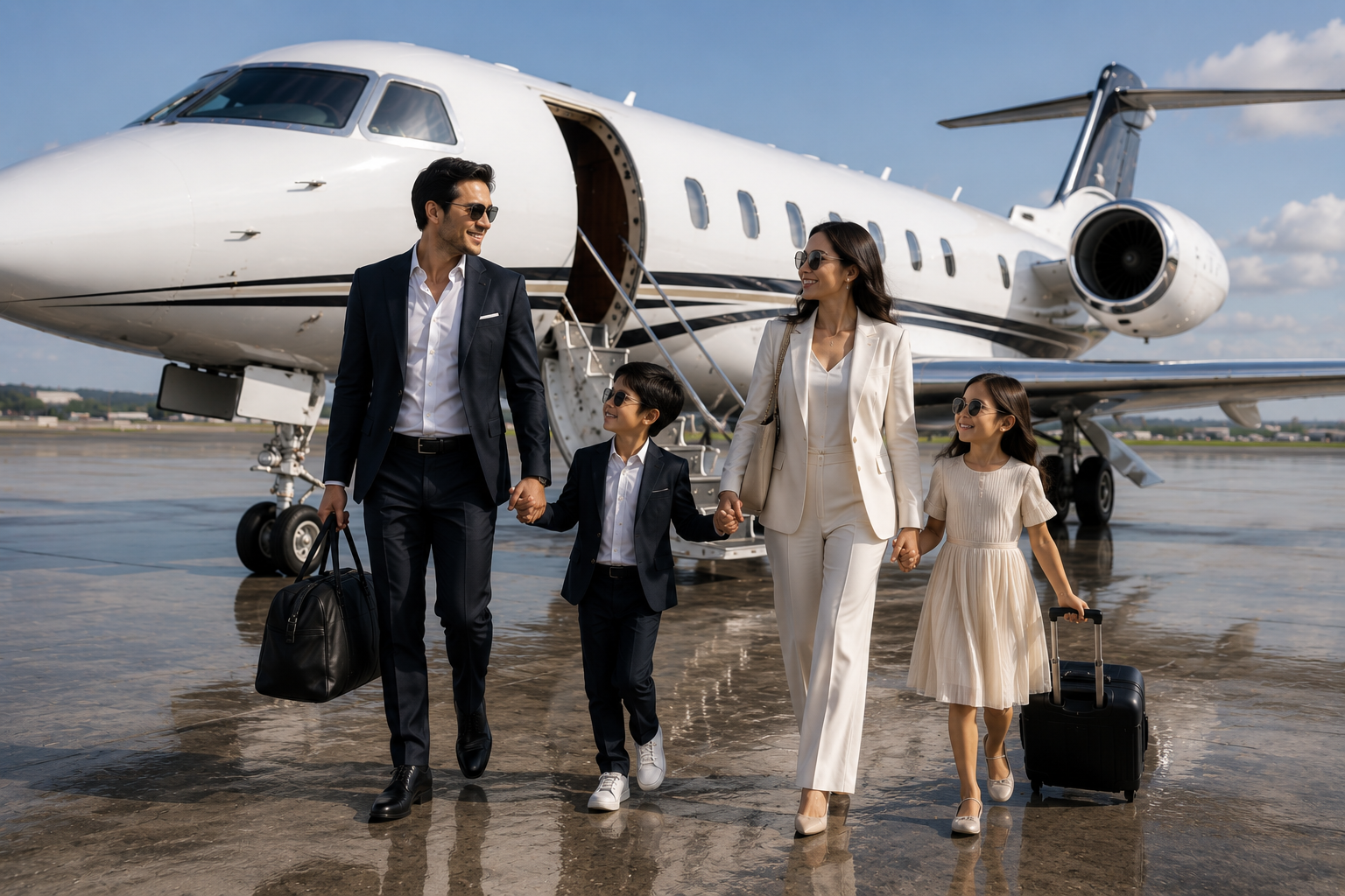 Modern family arriving from a luxury private jet